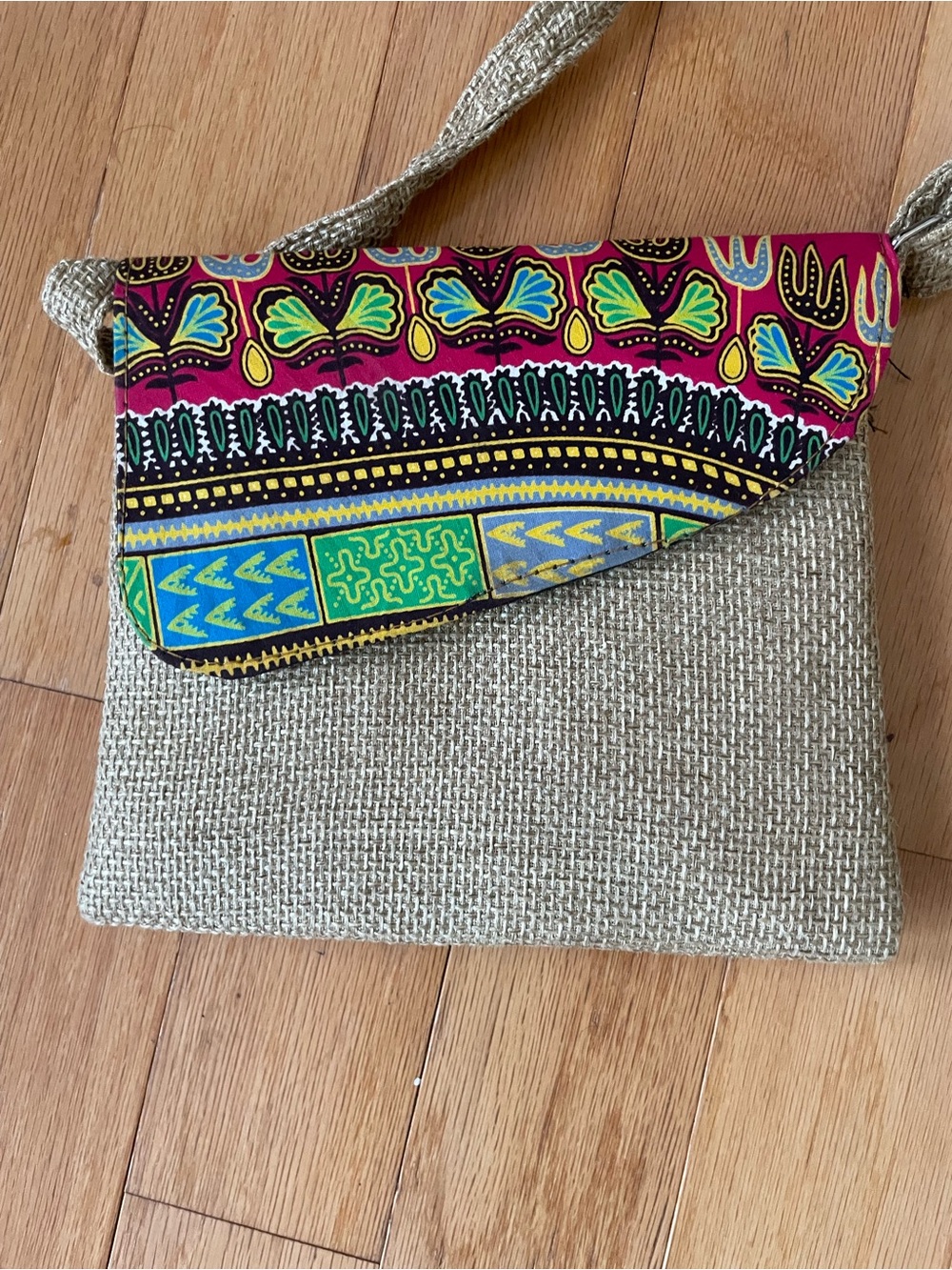 Woven Crossbody Bag with Colorful Patterned Flap